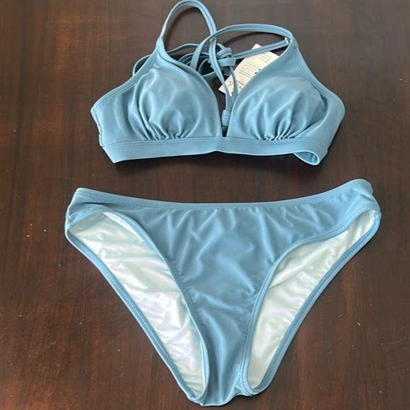 Cupshe Boho Rhapsody Lace-Up Back Bralette & Hipster Bikini Set Blue Size S - Picture 8 of 10